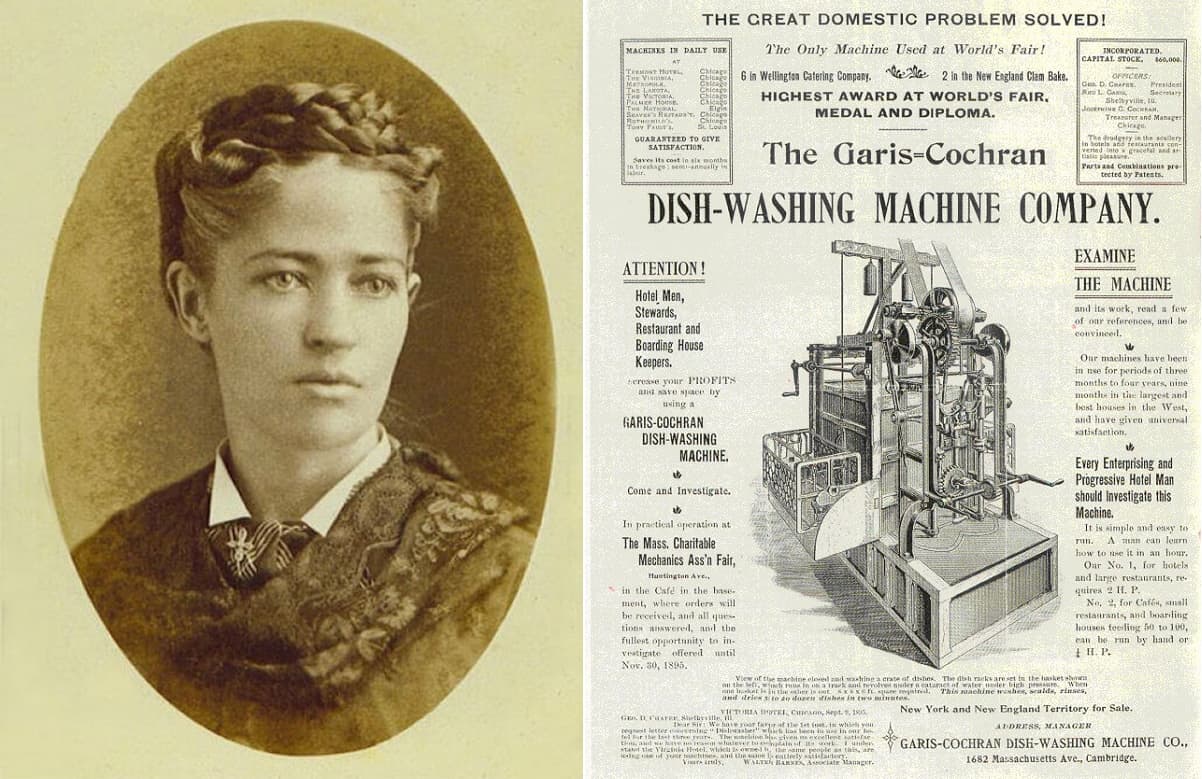 Sepia photo of a woman in her 20s, and an old newspaper advert for a dishwasher company