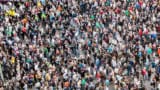 Aerial photo of a crowd of people in Frankfurt, Germany
