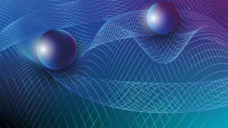 Conceptual image showing two spheres in a grid warped as if due to gravity