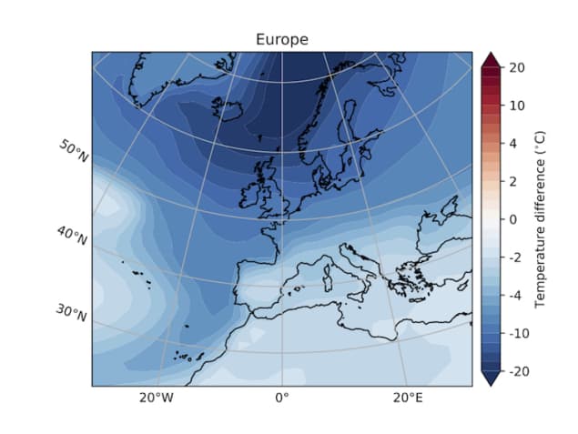 Temperature drop after AMOC collapse A map of Europe and North Africa showing temperature response after the AMOC collapse. Much of the map is coloured dark or light blue, indicating temperature drops of up to 20 degrees Celsius